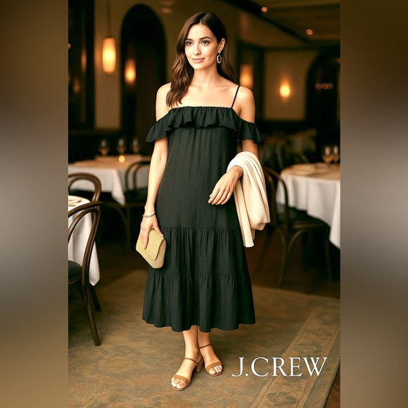 J.Crew,Year-Round Black Cotton Off-Shoulder Ruffle Tiered Midi Dress, Size XS - Picture 8 of 12
